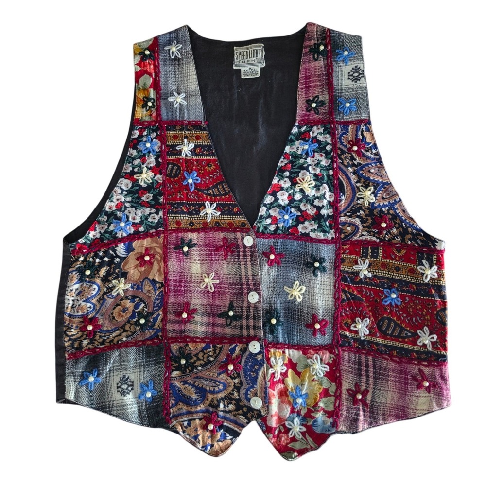 Speed Limit MPH Vintage Patchwork Vest Womens Medium Cotton Floral Pearl Boho